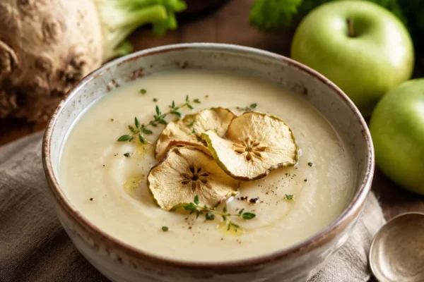 A velvety smooth celery root soup, creamy pale broth in a rustic bowl, garnished with crispy green a
