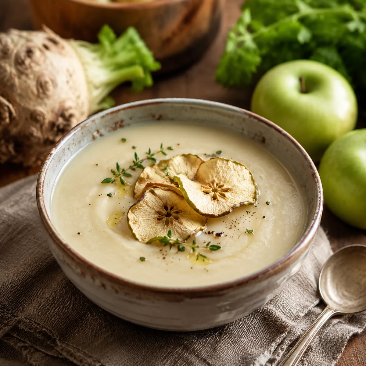 A velvety smooth celery root soup, creamy pale broth in a rustic bowl, garnished with crispy green a