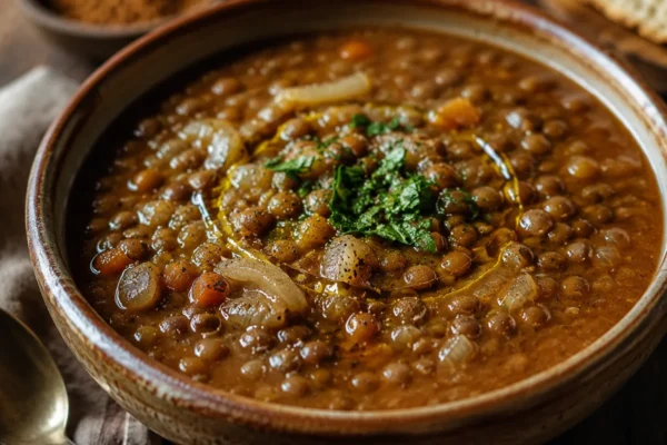 A hearty bowl of cinnamon lentil soup, thick brown lentils with caramelized onions, warm spiced brot