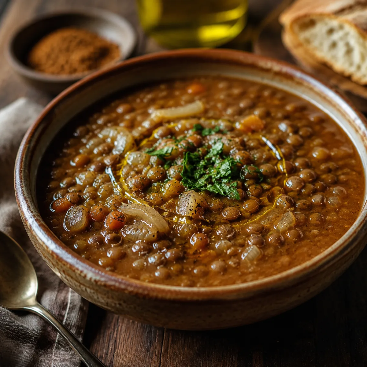 A hearty bowl of cinnamon lentil soup, thick brown lentils with caramelized onions, warm spiced brot