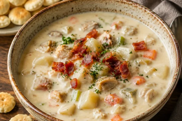 A rich creamy New England clam chowder, tender clams with potatoes, carrots and celery in a thick wh