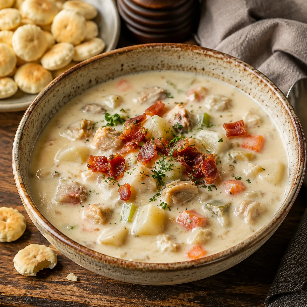 A rich creamy New England clam chowder, tender clams with potatoes, carrots and celery in a thick wh