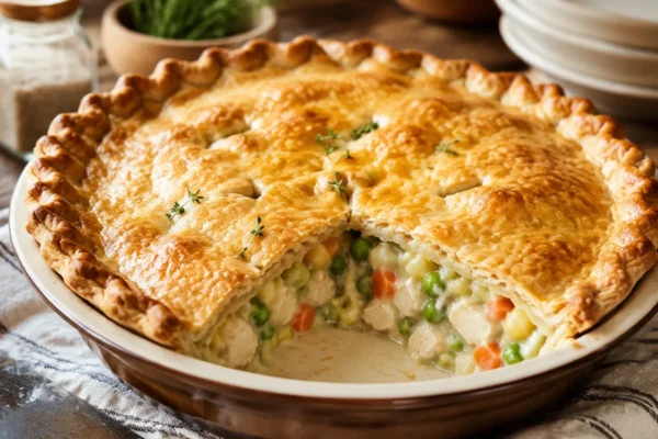 Classic homemade chicken pot pie with golden flaky crust, creamy chicken, peas and carrots filling