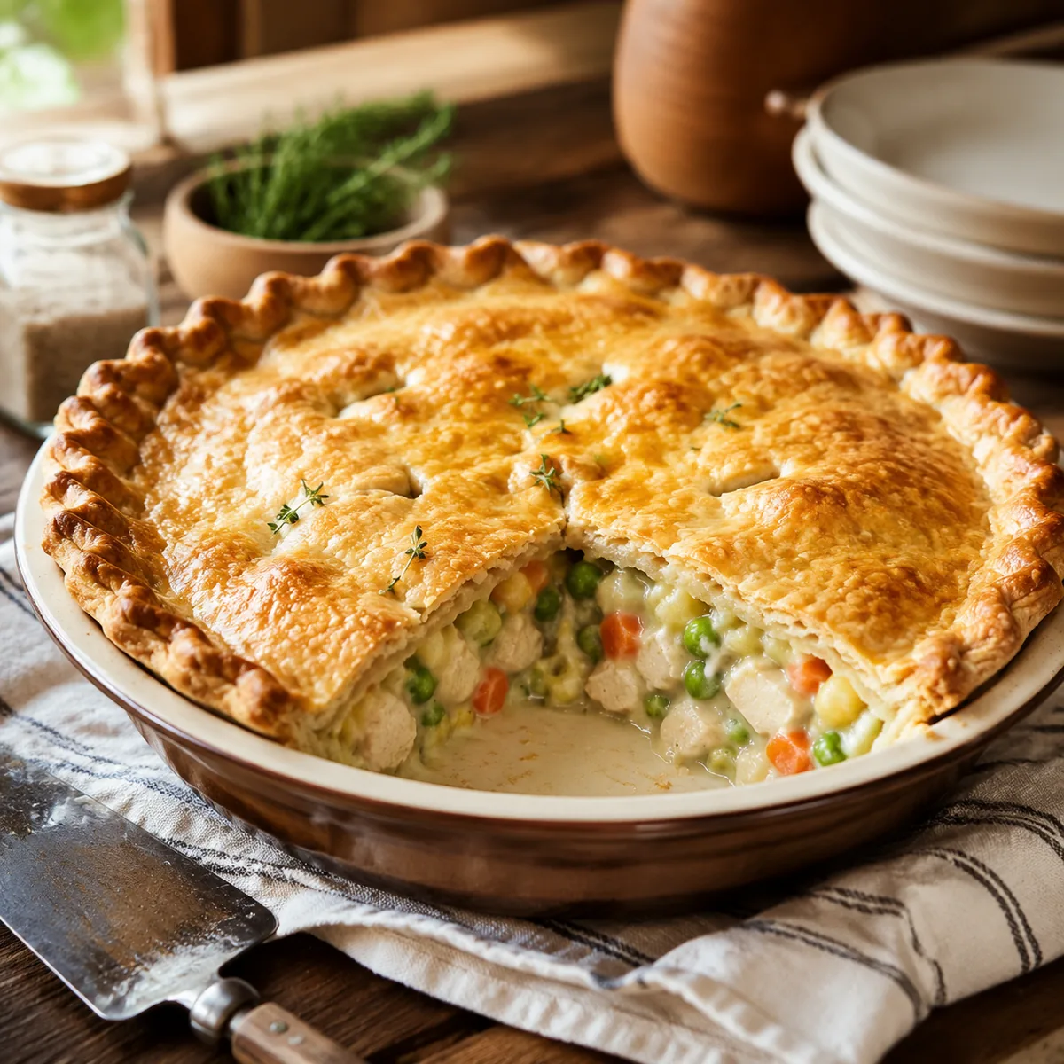 Classic homemade chicken pot pie with golden flaky crust, creamy chicken, peas and carrots filling