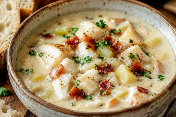 A creamy New England fish chowder, chunks of white fish with potatoes and bacon in a rich white brot