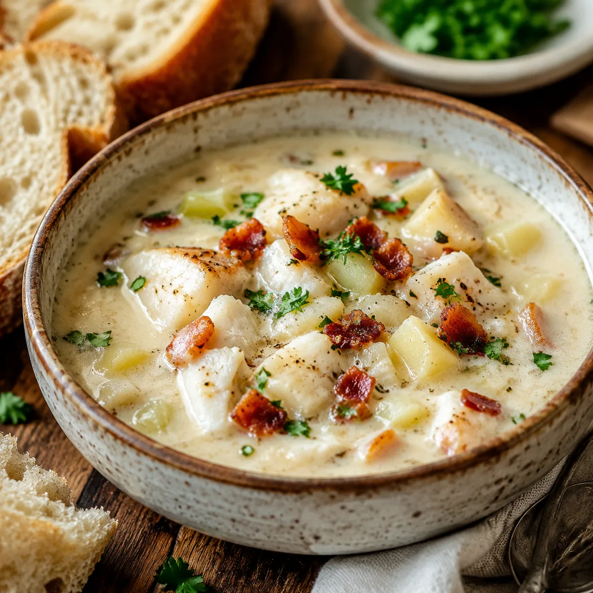 A creamy New England fish chowder, chunks of white fish with potatoes and bacon in a rich white brot