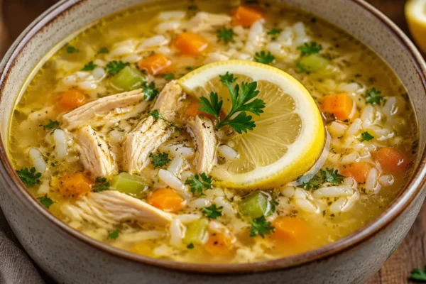 A bowl of homemade lemon chicken soup, golden broth with shredded chicken, rice, carrots and celery,