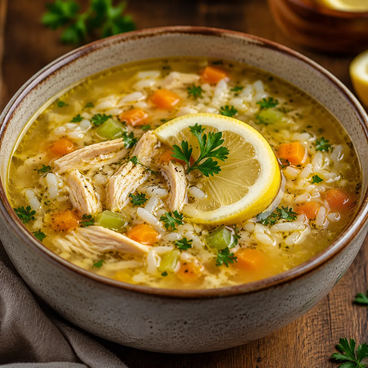 A bowl of homemade lemon chicken soup, golden broth with shredded chicken, rice, carrots and celery,