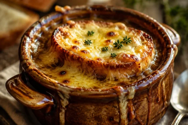 French onion soup au gratin in an oven-safe crock, deep caramelized onion broth topped with toasted