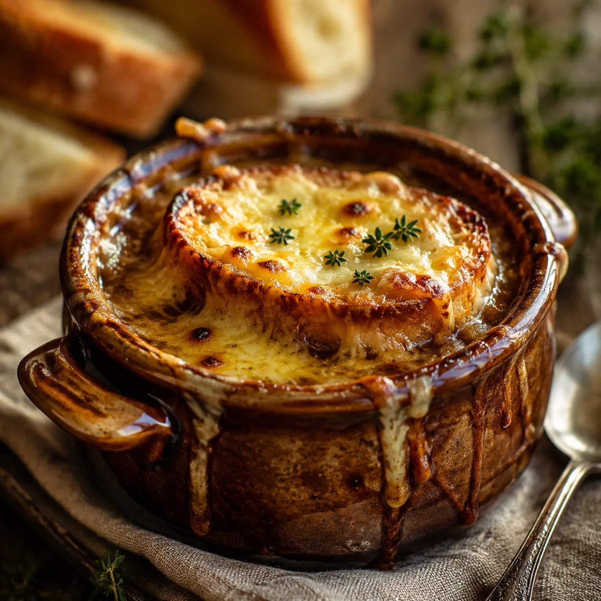 French onion soup au gratin in an oven-safe crock, deep caramelized onion broth topped with toasted