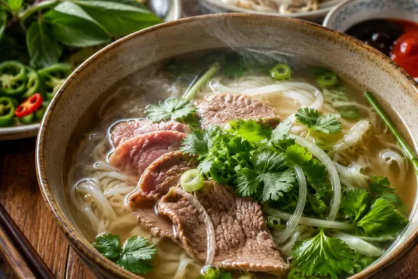A steaming bowl of Vietnamese pho noodle soup, clear aromatic broth with rice noodles, garnished wit