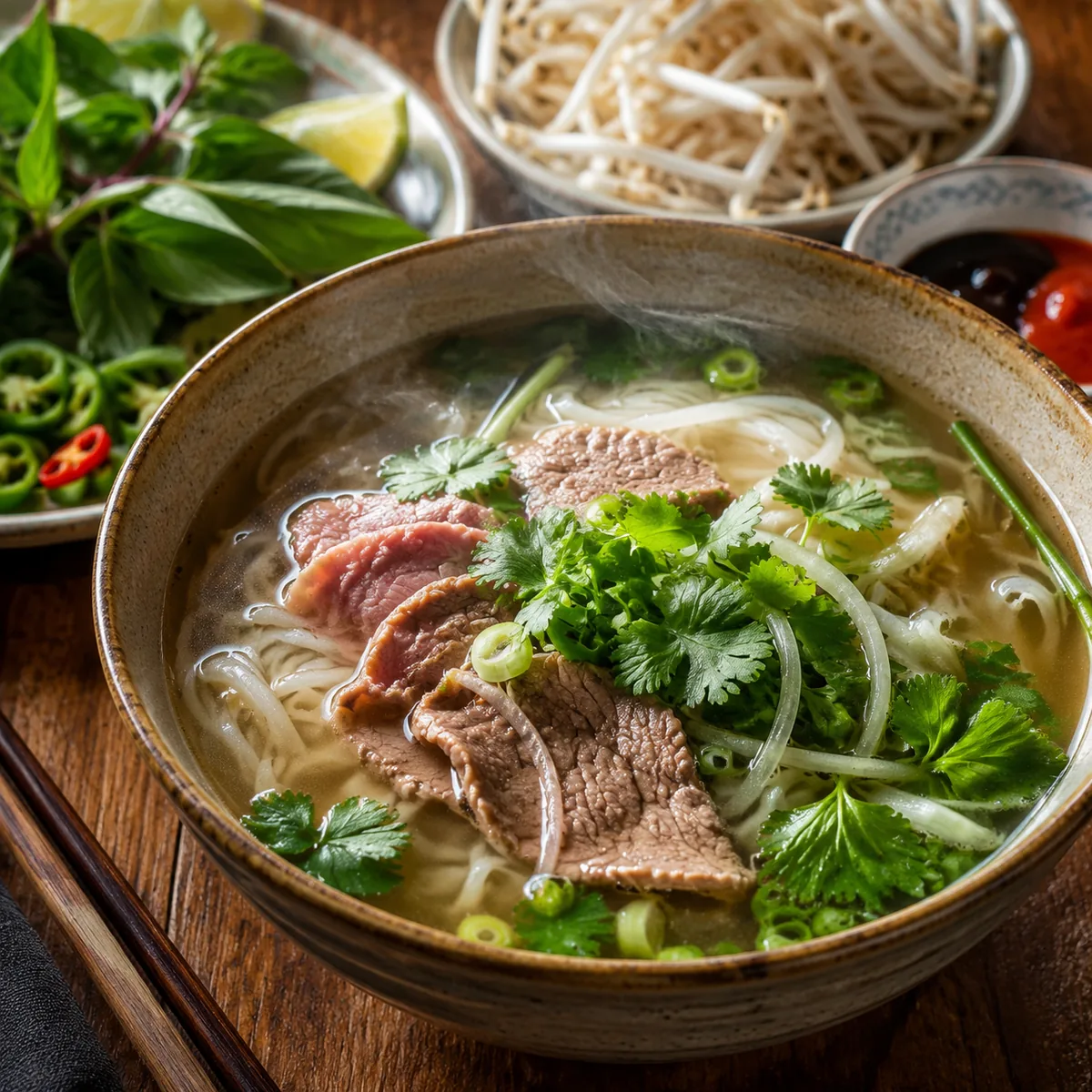 A steaming bowl of Vietnamese pho noodle soup, clear aromatic broth with rice noodles, garnished wit