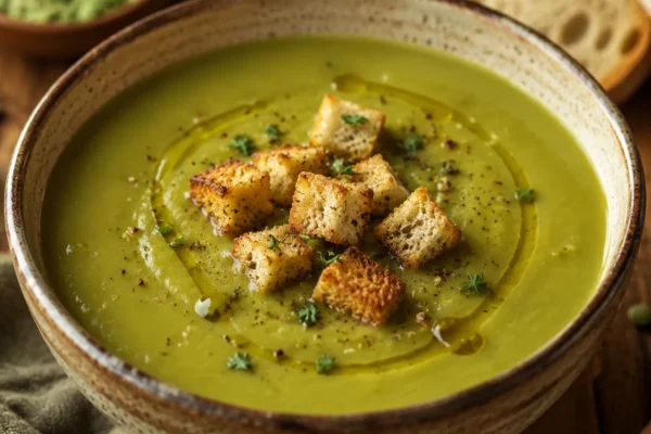 A bowl of creamy green split pea soup, smooth and thick, garnished with a drizzle of olive oil and c