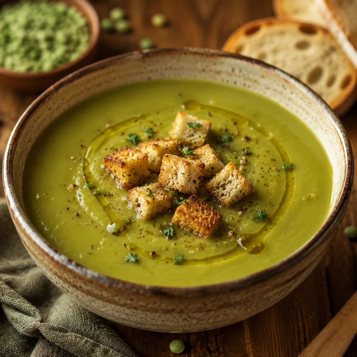 A bowl of creamy green split pea soup, smooth and thick, garnished with a drizzle of olive oil and c