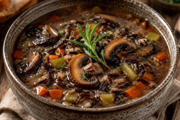 A hearty bowl of wild rice and portobello mushroom soup, earthy dark broth with nutty wild rice and