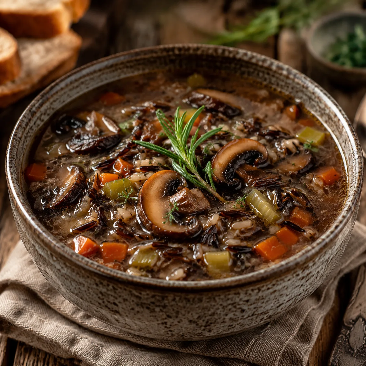 A hearty bowl of wild rice and portobello mushroom soup, earthy dark broth with nutty wild rice and